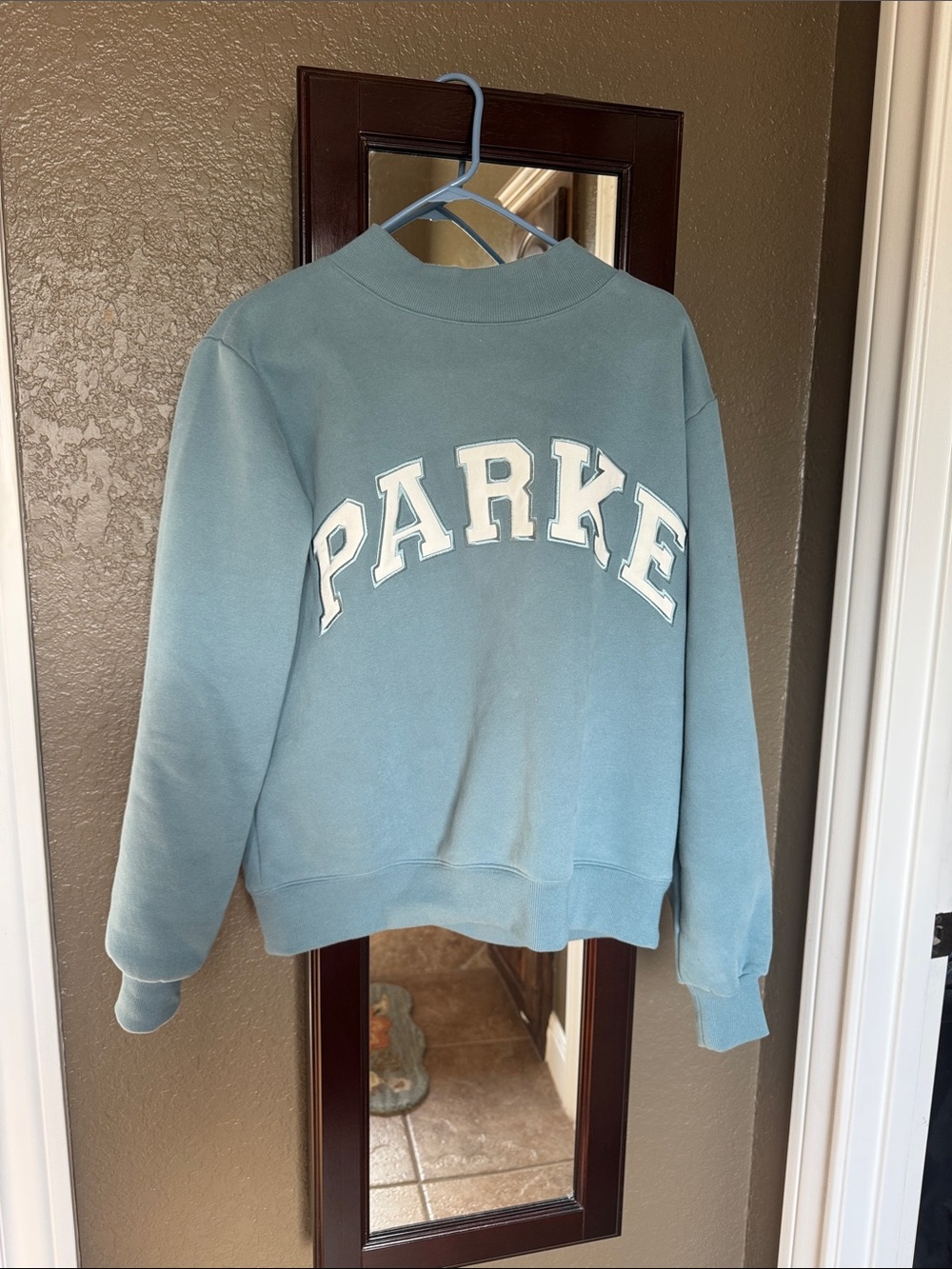 Parke Light Blue Mockneck Fleece Sweatshirt with White Lettering